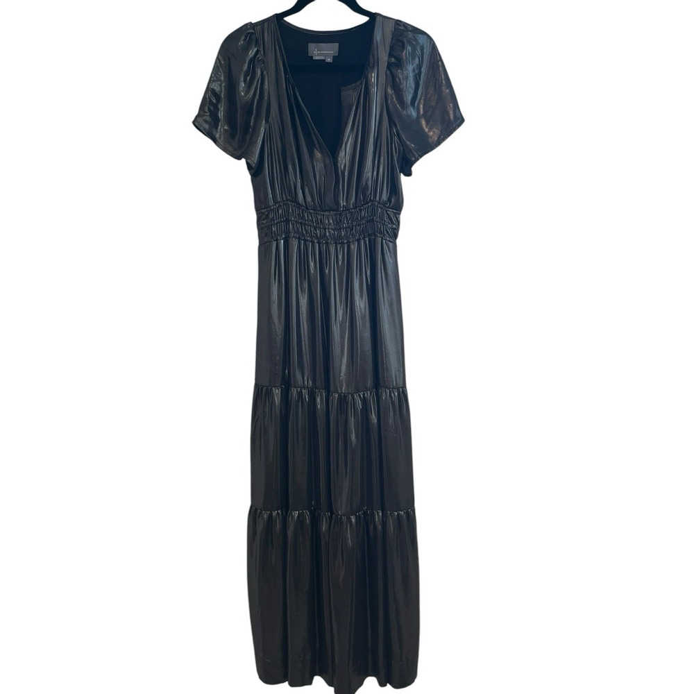 ANTHROPOLOGIE  The Somerset Maxi Dress Foil Carbon Metallic Gown Tiered, Size XS - Picture 2 of 9